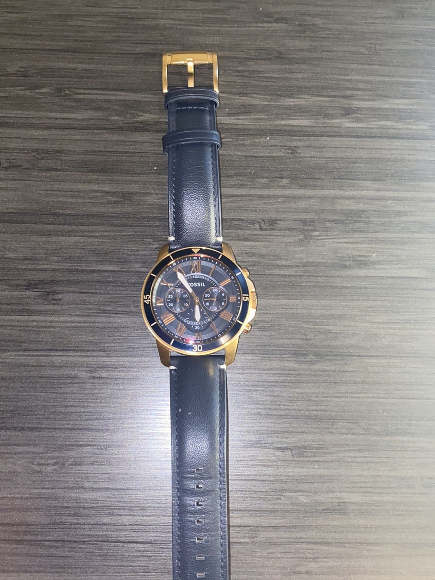 Fossil Rose Gold Grant Sport Chronograph Blue Leather Watch