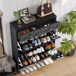 Shoe Cabinet with 2 Flip Drawers & 2 Drawers,Farmhouse Shoe Storage Cabinet for Entryway,Slim Freestanding Narrow Organizer Rack for Front 