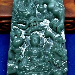 Burmese icy Type A Jadeite Jade Pendant Lucky Buddha -Dragon Lotus.  Certified. 