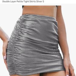 Kolagri Women Ruched Short Skirt Elastic High Waist Bodycon Mini Double Layer Petite Tight Skirts Sliver S