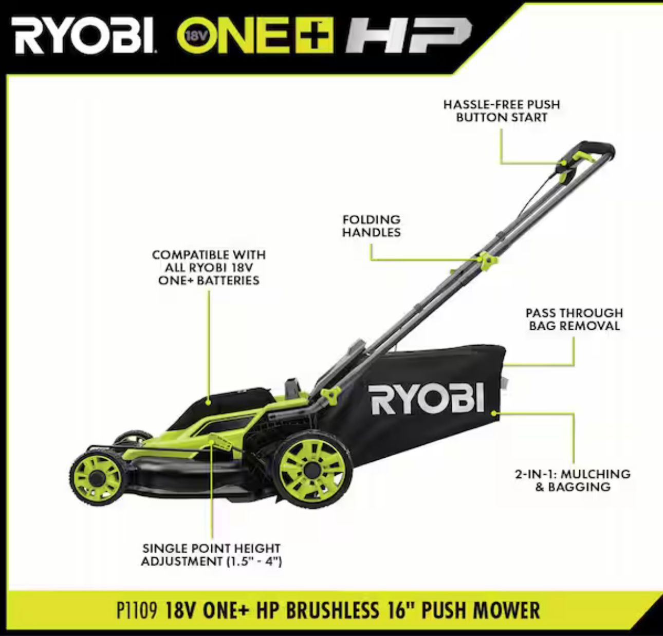RYOBI ONE+ HP 18V Brushless 16 in. Cordless Battery Walk Behind Push Lawn Mower with (1) 4.0 Ah Batteries and (1) Charge