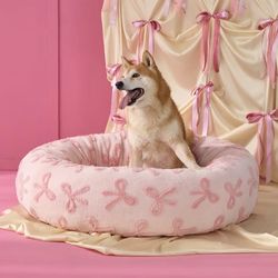 Donut Large Dog Bed - Round Cat Beds for Indoor Anti-Anxiety Calming Pet Beds, Washable Cute Modern Beds with Jacquard Shaggy Plush & Anti Slip Bottom