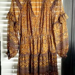 House of Harlow 1960 Boho Mini Dress - Sz Large - Mustard Brown - Floral- Ruffle
