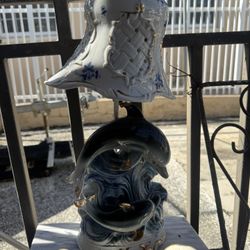 vintage porcelain blue and white dolphin lamp