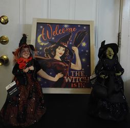 Two Collectible Witches (NEW with TAGS) and Witch Welcoming Sign (Used, but in very good condition)