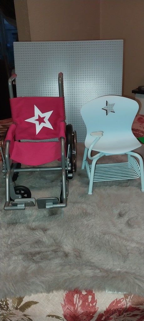 American Girl Doll Wheelchair And Light Blue Classroom Chair 