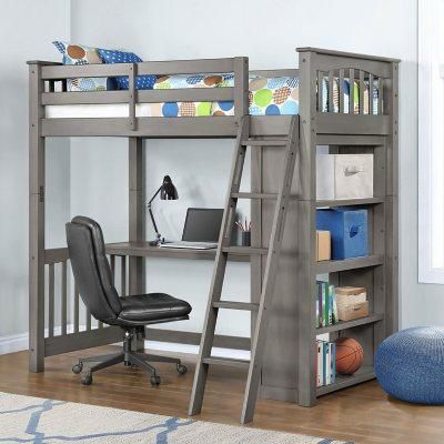 Maxson Twin Loft Bed With Desk And Bookshelf, Gray Finish $299.99