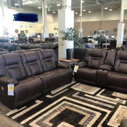 Wurstrow Umber Leather Power Reclining Living Room Set /couch /Sofa and Loveseat