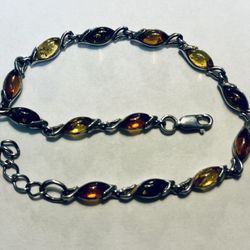 Sterling silver and multicolor Baltic amber link bracelet