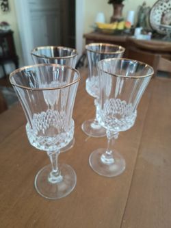 Gold rim vintage lead crystall water/ wine glasses 8 oz 4 and other glasses
