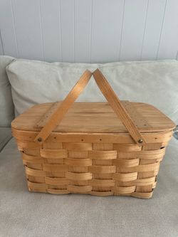 Vintage Basketville Putney Vermont Woven Wood Splint Picnic Basket With Lid