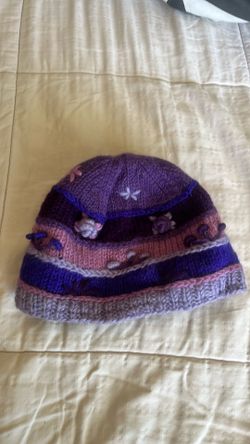Handmade Wool and Fleece Lined Floral Mushroom Purple Beanie