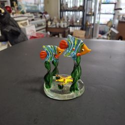 Vintage Handcrafted Glass Fish On Wire With Seaweed Decoration & Starfish On Ocean Floor 3.75"H X 2.75"W