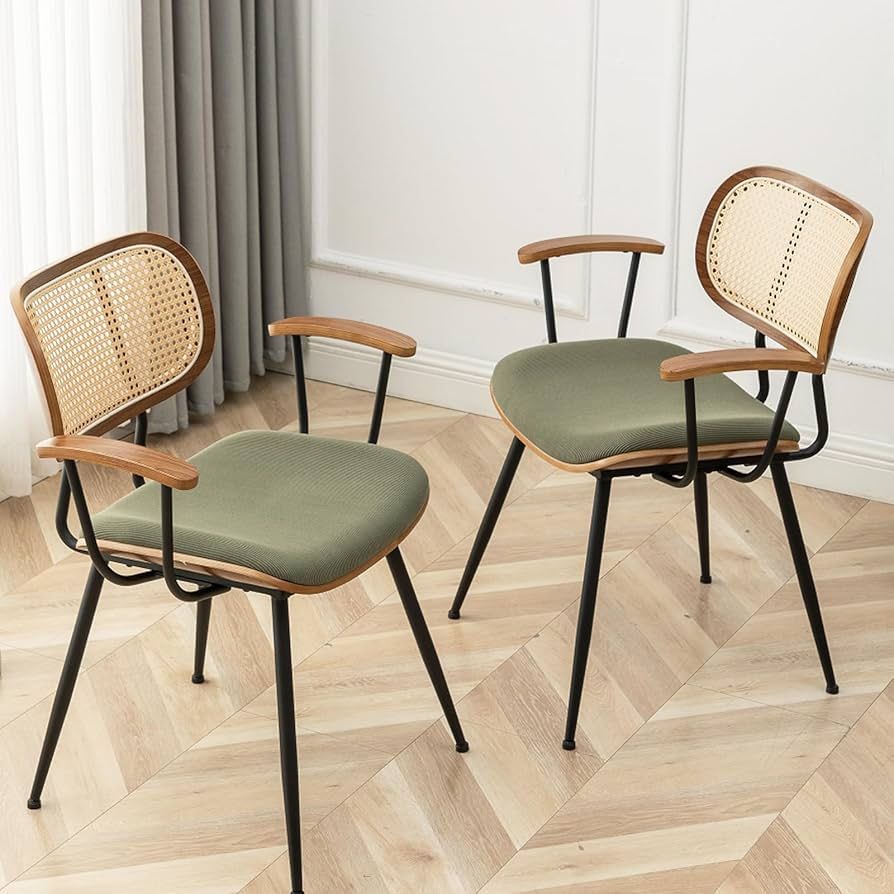 Rattan Dining Room Chairs Set of 2,Mid Century Modern Kitchen Side Chairs,Metal Legs Desk Chairs,Green Modern Corduroy Fabric Accent Chairs with Arms