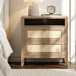 Dowinx 23.6" Night Stand with Charging Station, 2 Drawers and Storage Shelf, Rattan Nightstands Boho, for Bedroom Small Space Corner, Oak