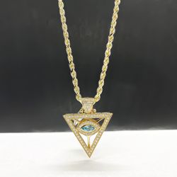 14k Solid gold Rope Diamond Cut Chain And Triangle  with eyes Charm