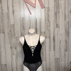 Windsor Black Lace Up Bodysuit Women’s M – Sheer Mesh Back, Ruched Front, Sexy Night Out One Piece NWT