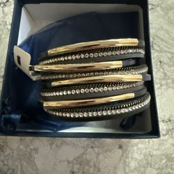 Leather, Rhinestone, And Gold Bracelet With Gift Box