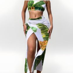 Shein Women Size XS 3 Piece Swimsuit Bikini Set Tropical Coverbottom New Swimset