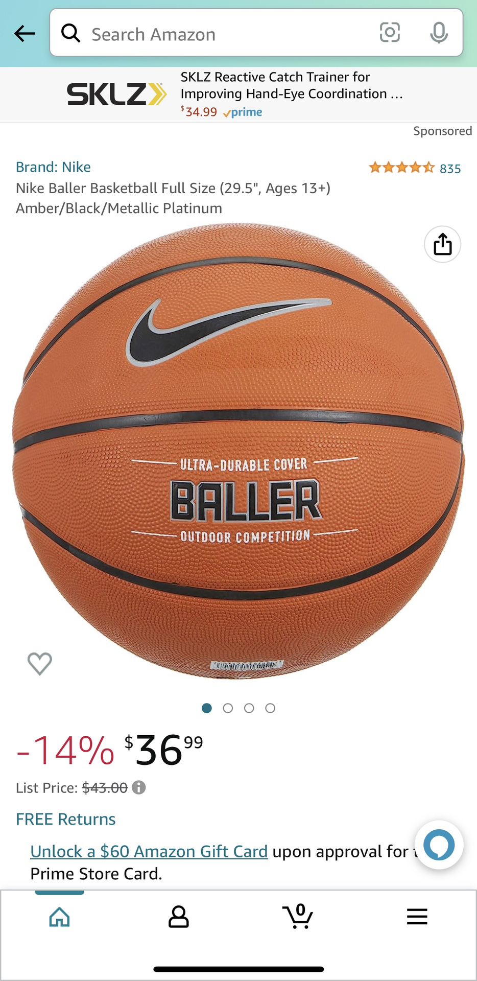 Nike Baller Basketball Full Size (29.5, Ages 13+) Amber/Black/Metallic  Platinum 
