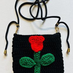 Black Red Tulip Crochet Bag Phone Case Cover crossbody strap Handmade Purse Tote