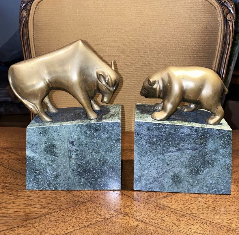 Vintage ‘80’s Wall Street Brass Bull & Bear Solid Marble Bookends PAIR