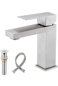 Vsunhoo Bathroom Sink Faucet, Single Hole Bathroom Faucet, Brushed Nickel Single Handle Bathroom Sink Faucet with Pop Up Drain and Supply Lines, BF011