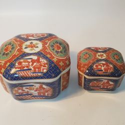 Two Imari Ring Box with Lid / Japanese Imari Ware Small Vintage Porcelain Trinket Box.