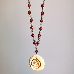 Vintage carved bone rose pendant sterling silver red agate beaded necklace
