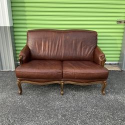 Vintage Genuine Leather Loveseat With Solid Wooden & Nailhead Trim