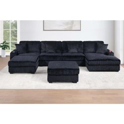 Living Room Black Corduroy Modular Sectional Sofa 