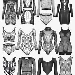  12 Pieces Women's Fishnet Lingerie Mesh Babydoll Bodysuit Lace Smock Lingerie for Women (Black,Simple Style)