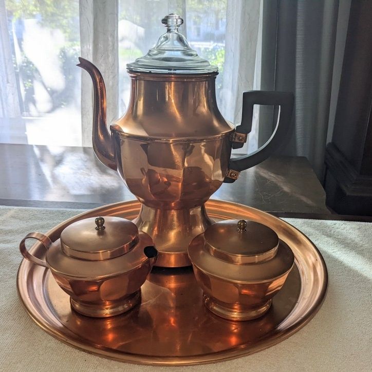 Vintage French Copper Coffee Set with Tray - Coffee Pot, Milk Jug Pitcher.  Sugar Box, Beautiful Vintage Coffee Set