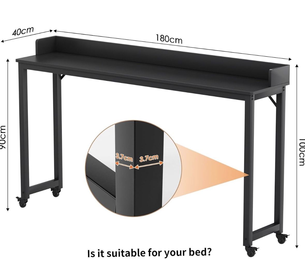 Arlopu Overbed Table with 360° Wheels, Queen Size Mobile Bed Desk with Heavy Duty Metal Leg, Sturdy Laptop Cart & Dining Table for Bedroom, Living Roo