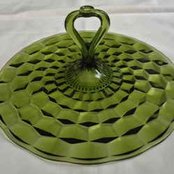 Vintage Indiana glass Green Serving Plate w/ Handle Sandwich Tray Platter 13" diameter 