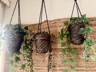 Lot of 13 IKEA Woven Hanging Planters with Artificial Plants / Greenery