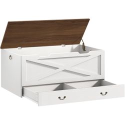 Toy Chest, 39.4" Storage Chest with Drawer and Pull Handles, Wooden Storage Bench with Lift Top, Storage Trunk for Living Room, Bedroom, Entrance, Whi