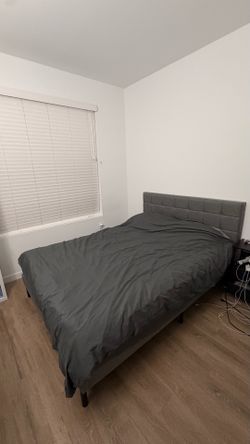 Queen Size Grey Upholstered Platform Bed Frame with mattress