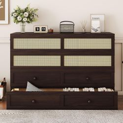 Queen Size Murphy Chest Bed with Rattan Decoration and Storage Drawer, Wood Foldable Cabinet Bed for Small Room (Espresso)
