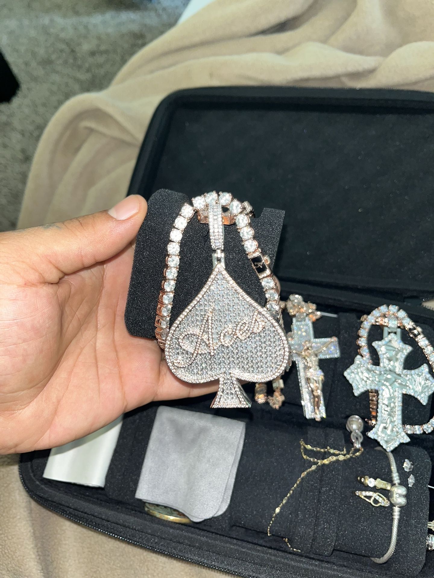 ACES moissanite 925 silver pendant with 18 inch tennis chain rose gold moissanite