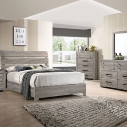 QUEEN BEDROOM SET 4 PIECE GRAY QUEEN SIZE PLATFORM BEDROOM SET DRESSER MIRROR NIGHTSTAND - JUEGO RECAMARA