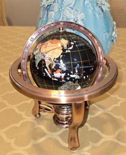 Globe Genuine Gemstones throughout with Black Onyx Ocean with Compass. Copper Color Base. 8.5" Tall
