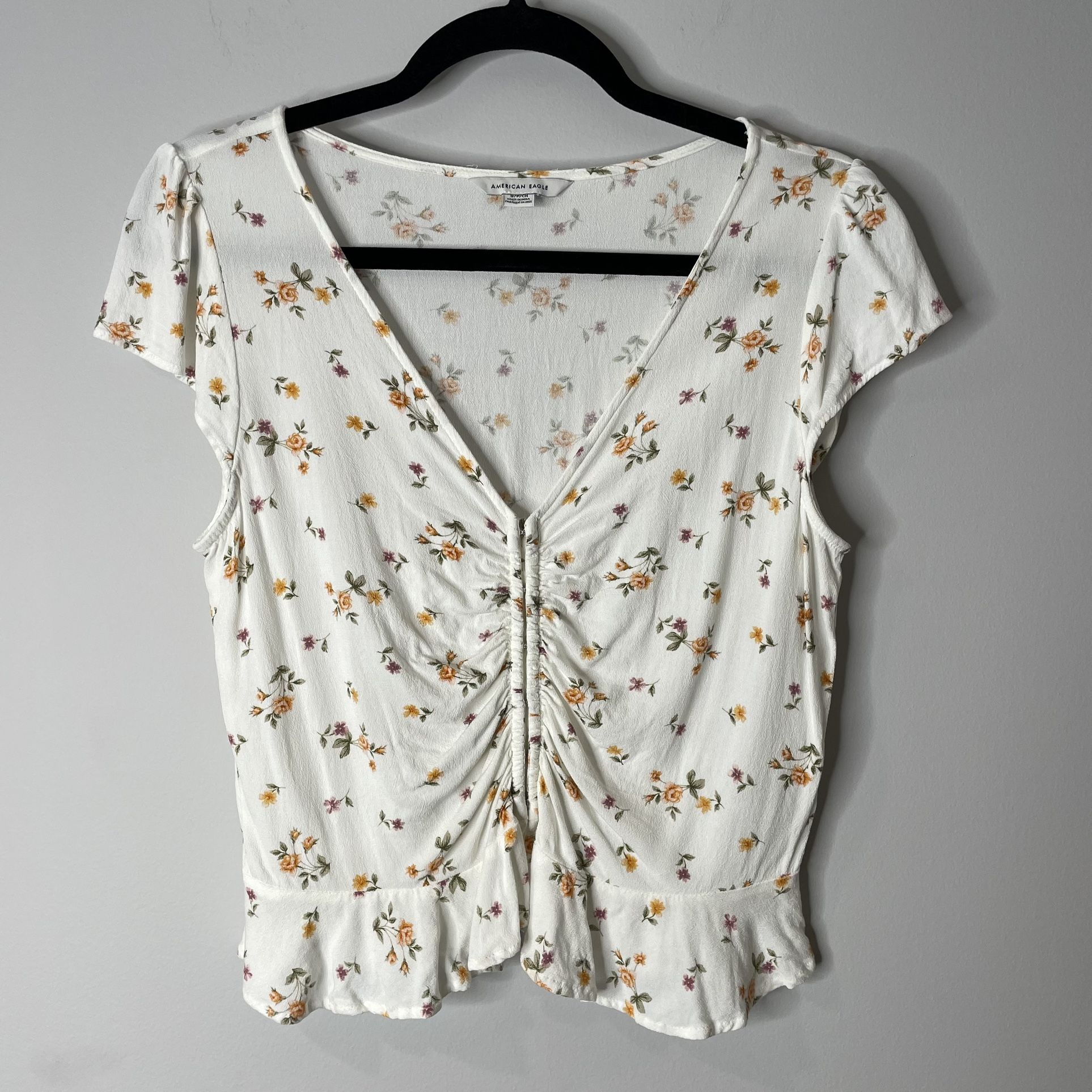 American Eagle Floral Top Blouse Faux Corset Peplum Ruffle Ivory Women’s Small