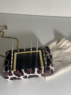 Jimmy Choo Alba Leopard Print Calf Hair Mini Shoulder Bag Black Snakeskin Panel Gold Chain Strap Studs Dust Bag