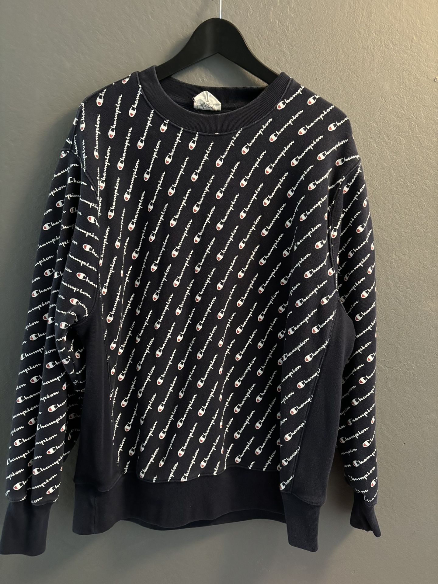 Champion Sweatshirt Men's xl All Over Print Logo Pullover Crew Black Sweater