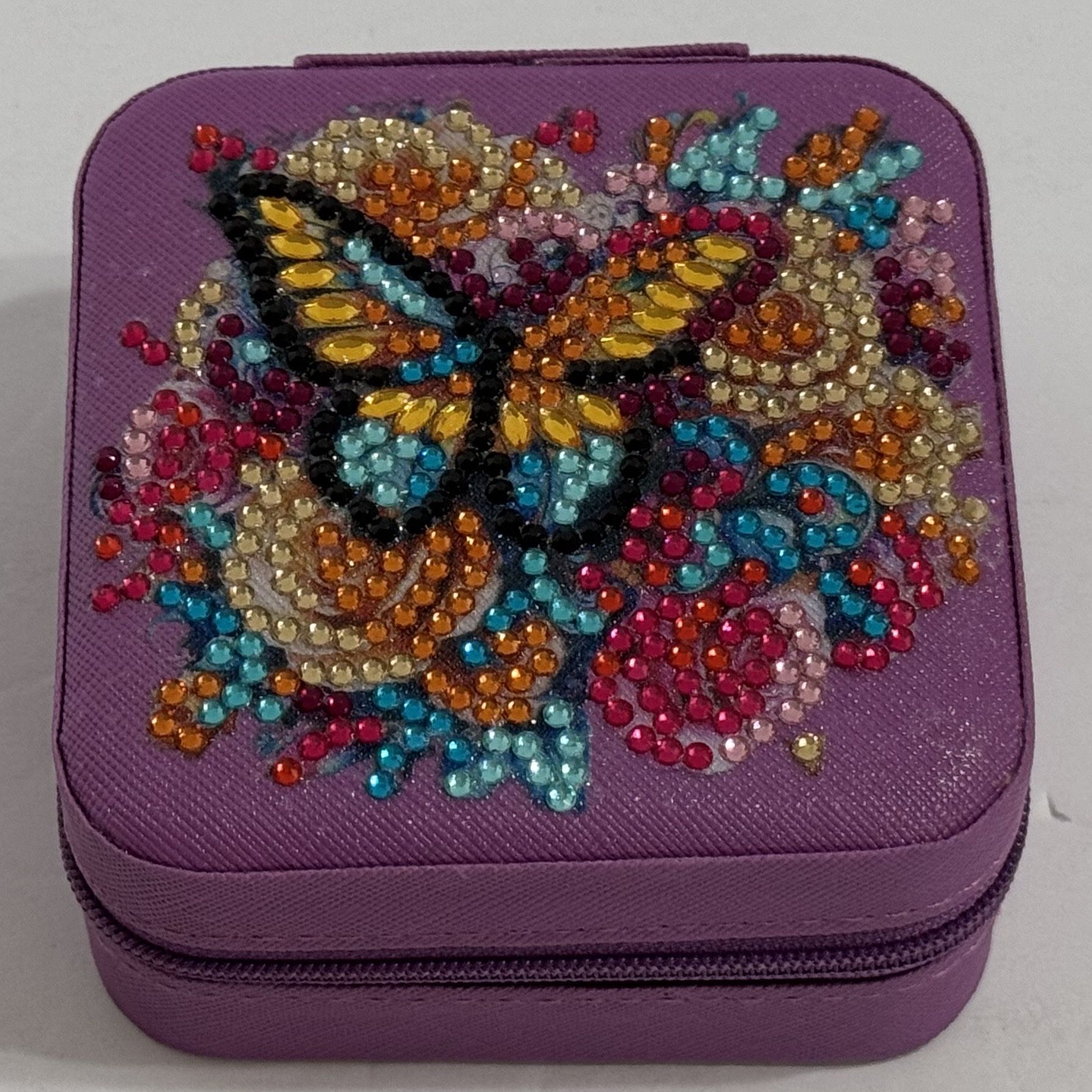 Purple Travel Jewelry Organizer Box Handcrafted Butterfly Diamond Art Design