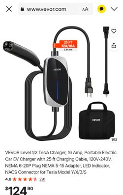 VEVOR Level 1/2 Tesla Charger, 16 Amp, Portable Electric Car EV Charger with 25 ft Charging Cable, 120V-240V, NEMA 6-20P Plug NEMA 5-15 Adapter, LED I