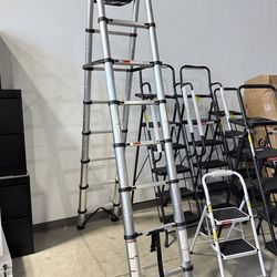 🔥16.5 Ft Telescoping A-Frame Ladder – Compact Aluminum Extension Ladder with 330 lb Capacity, Stabilizer Bar, Tool Platform, and Portable Design for 