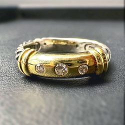 David Yurman 14k Gold & 925 Sterling Silver 5mm Cable Metro 3 Diamond Ring sz7.5