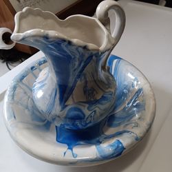 Small Blue & White Water Basin W/ Pitcher